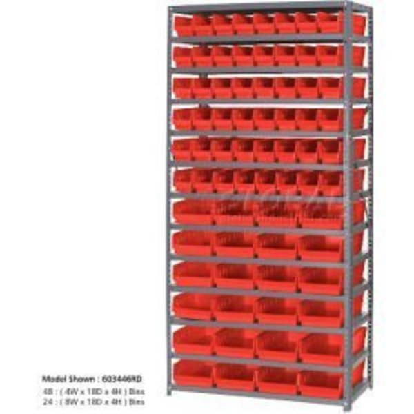 Global Equipment Steel Shelving with 60 4"H Plastic Shelf Bins Red, 36x18x72-13 Shelves 603445RD